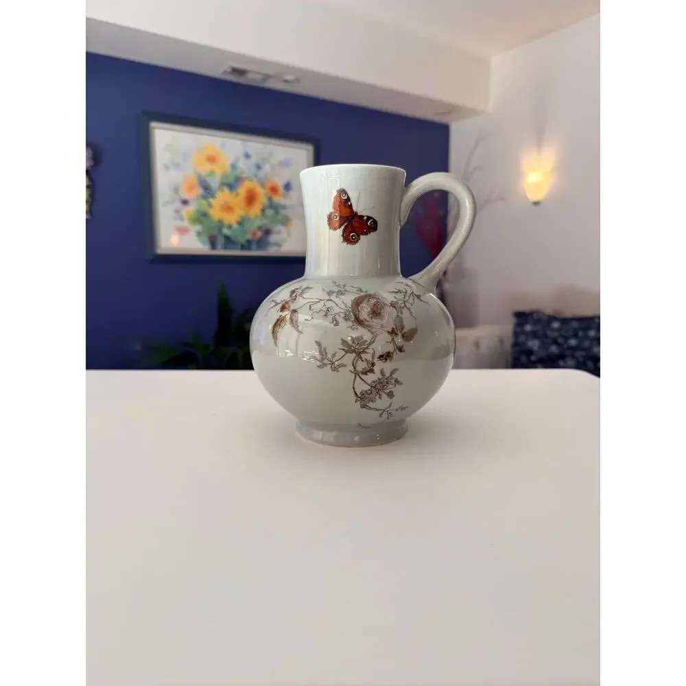 Antique Haviland Limoges Pitcher Aesthetic Movement Butterfly Floral 1880s Jug